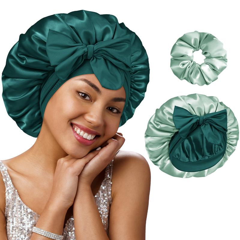 BONNET QUEEN Hyaluronic Acid Bonnet with Elastic Band & Scrunchie for Curly Hair Machine Washable Double Moisture Anti-Frizz Satin Nightcap Gift for Women