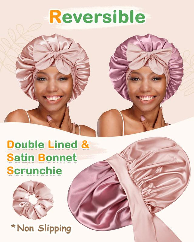 BONNET QUEEN Hyaluronic Acid Bonnet with Elastic Band & Scrunchie for Curly Hair Machine Washable Double Moisture Anti-Frizz Satin Nightcap Gift for Women