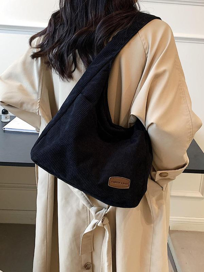 Trendy Solid Color Letter Patched Large Capacity Tote Bag, Minimalist Magnetic Closure Corduroy Shoulder Bag, Women'S Dumpling Bag for Daily Used, Corduroy Hobo Bag