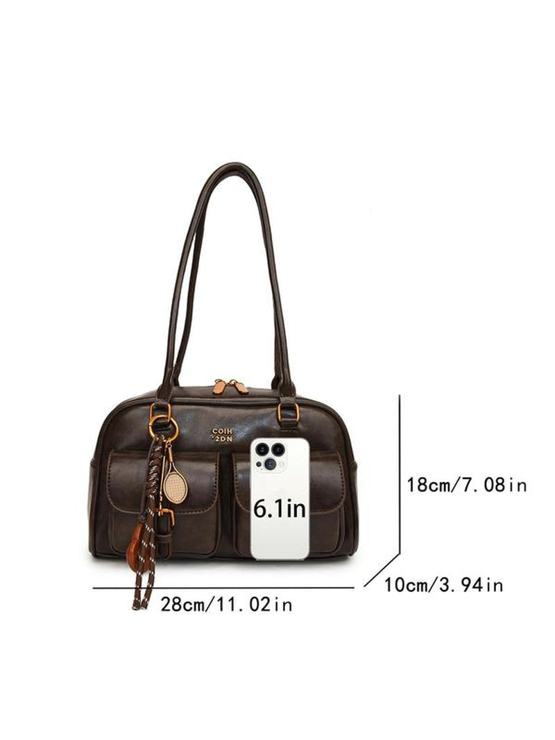 Women'S Retro Solid Color PU Leather Shoulder Bag, Large Capacity Crossbody Bag with Detachable Accessory Charm, Casual Trendy Versatile High-Quality Daily Commuting Bag, Everyday Bag