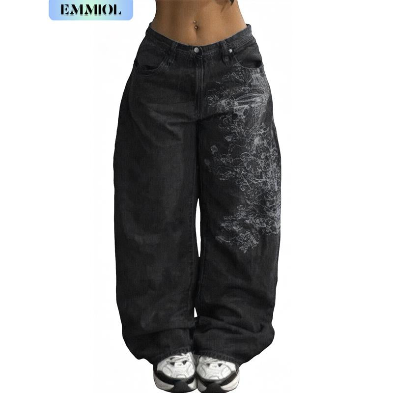 EMMIOL Women Hip Hop Baggy Jeans Wide Leg Mid-Low Waist Jeans Loose Boyfriends Jeans 90S Vintage Denim Pants Casual Comfy Black Womenswear #Tiktokshopblackfriday