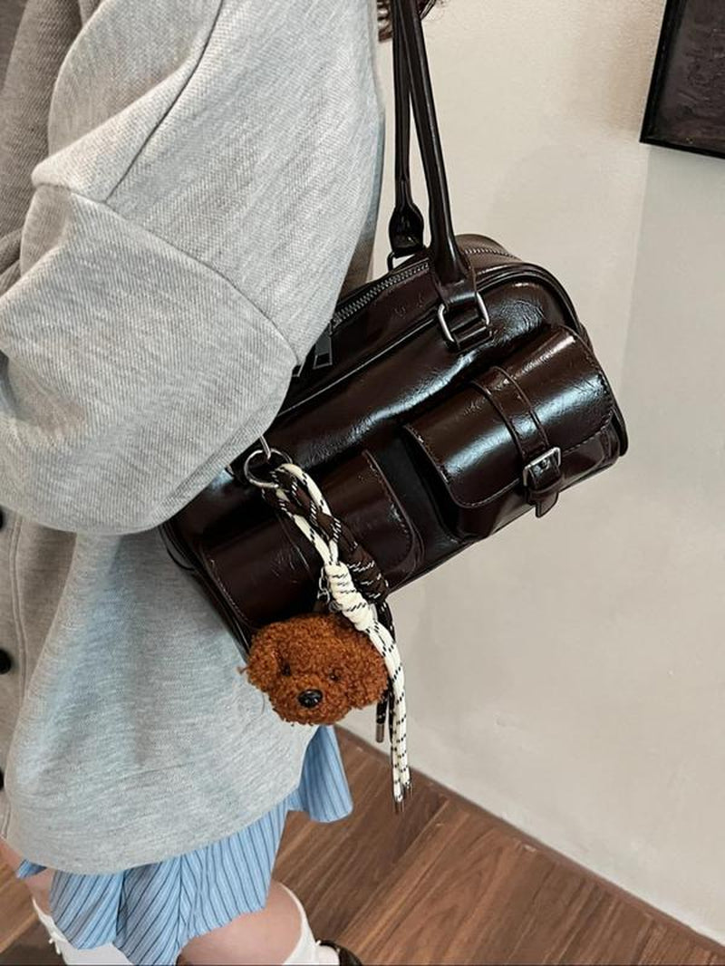 Women'S Elegant Solid Color Boston Bag, Fashionable Multi-Pocket Bag with Bear Charm Decor, Casual Trendy Versatile High-Quality, Handbag Shoulder Bag