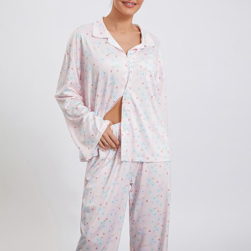 Women Pajamas Lounge Set Strawberry Print Turn-Down Collar Long Sleeve Shirts Tops and Pants 2 Piece Loungewear Outfits