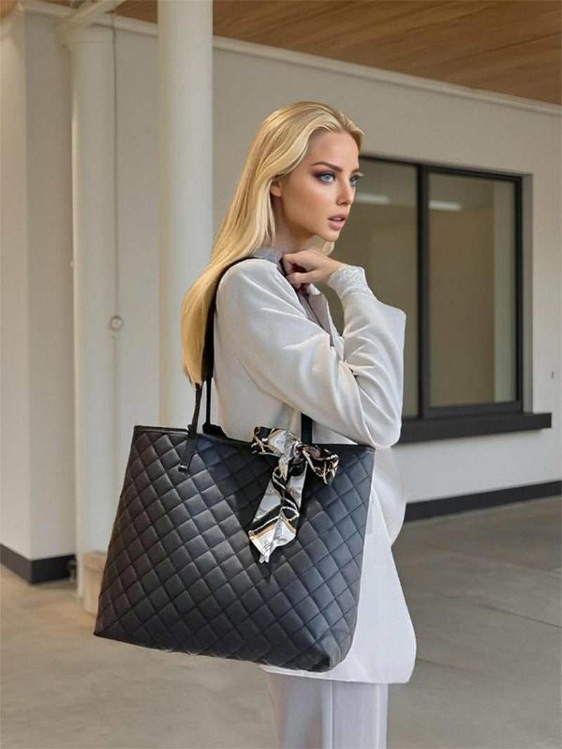 Rhombus Quilted Pattern Tote Bag, Scarf Bow Decoration Casual Shoulder Wide Strap Crossbody Bag, Luxury Bag Set, Cute Plush Purse Clutch Chain Small Square Bag, Fall Freshness Unique Everyday Tote Bag for College, Crossbody Bag for Women