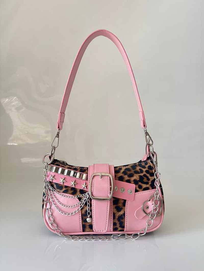 Vintage Y2K Women'S Bag, Punk Style Colorblock Star Chain Small Shoulder Crossbody Bag, Detachable Strap, Polyester Lining, Multi-Functional Handbag