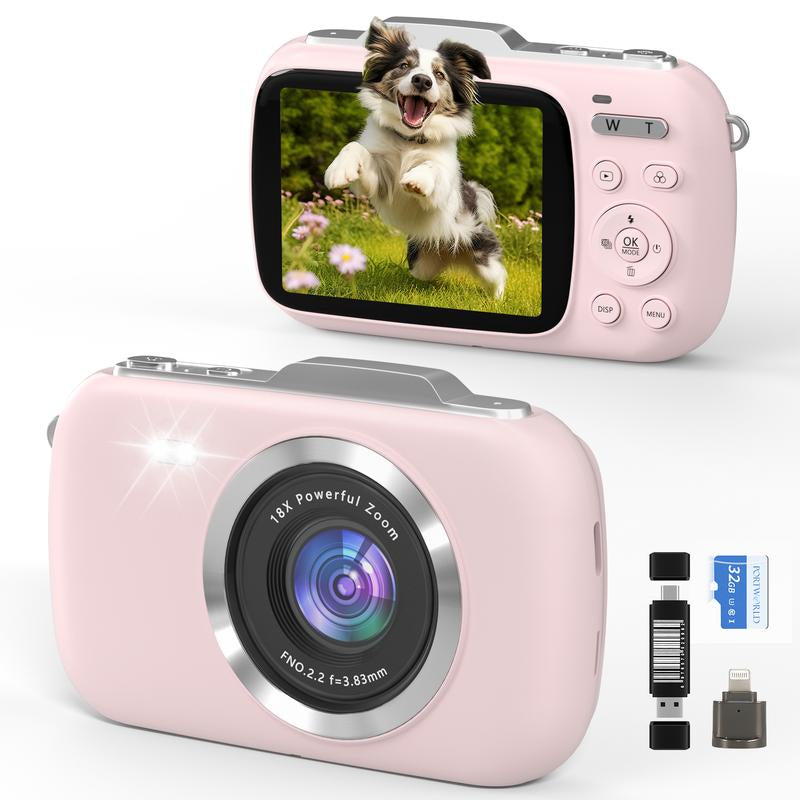 Mini Camera,Vlogging Camera, UHD 4K 64MP Point and Shoot Digital Cameras with 18X Digital Zoom, 32GB TF Card, Compact Travel Camera,Summer Gifts Pink Tech Gadgets