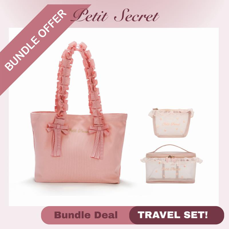 Petit Secret Pleated Lace Trim Canvas Bag, Large Capacity Tote Bag, Boho Ruffled Shoulder Bag – Ruffles Strap with Bow & Handheld Canvas Purse, Coquette Tote Bag