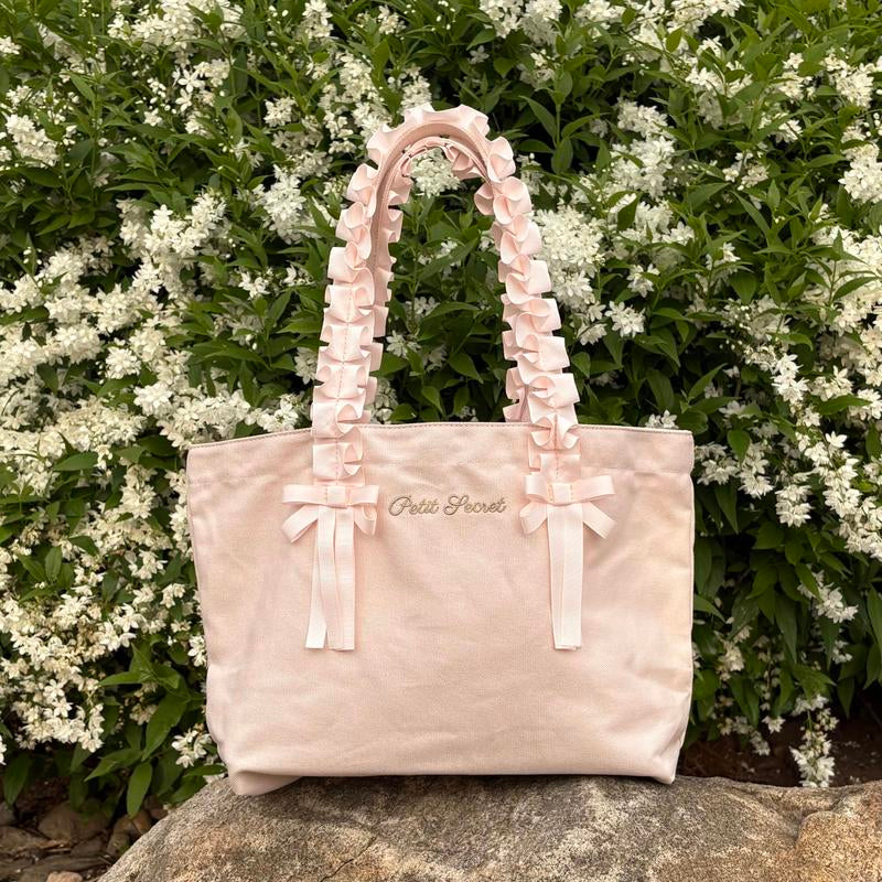 Petit Secret Pleated Lace Trim Canvas Bag, Large Capacity Tote Bag, Boho Ruffled Shoulder Bag – Ruffles Strap with Bow & Handheld Canvas Purse, Coquette Tote Bag