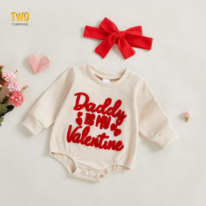 2Pcs Infant Girl Valentine'S Outfit Long Sleeve Crew Neck Letters Embroidery Bubble Romper and Headband Set