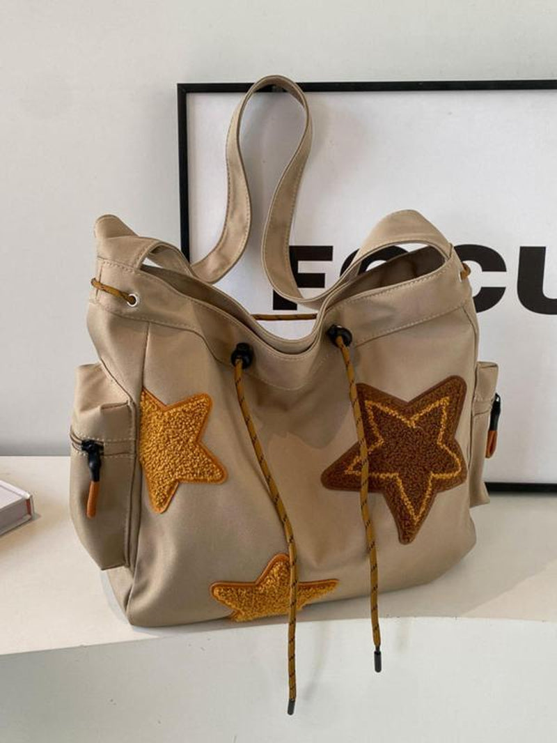 Women'S Star Patched Design Tote Bag, Fashionable Large Capacity Shoulder Bag for Daily Used, Casual Trendy Versatile High-Quality Daily Commuting Bag