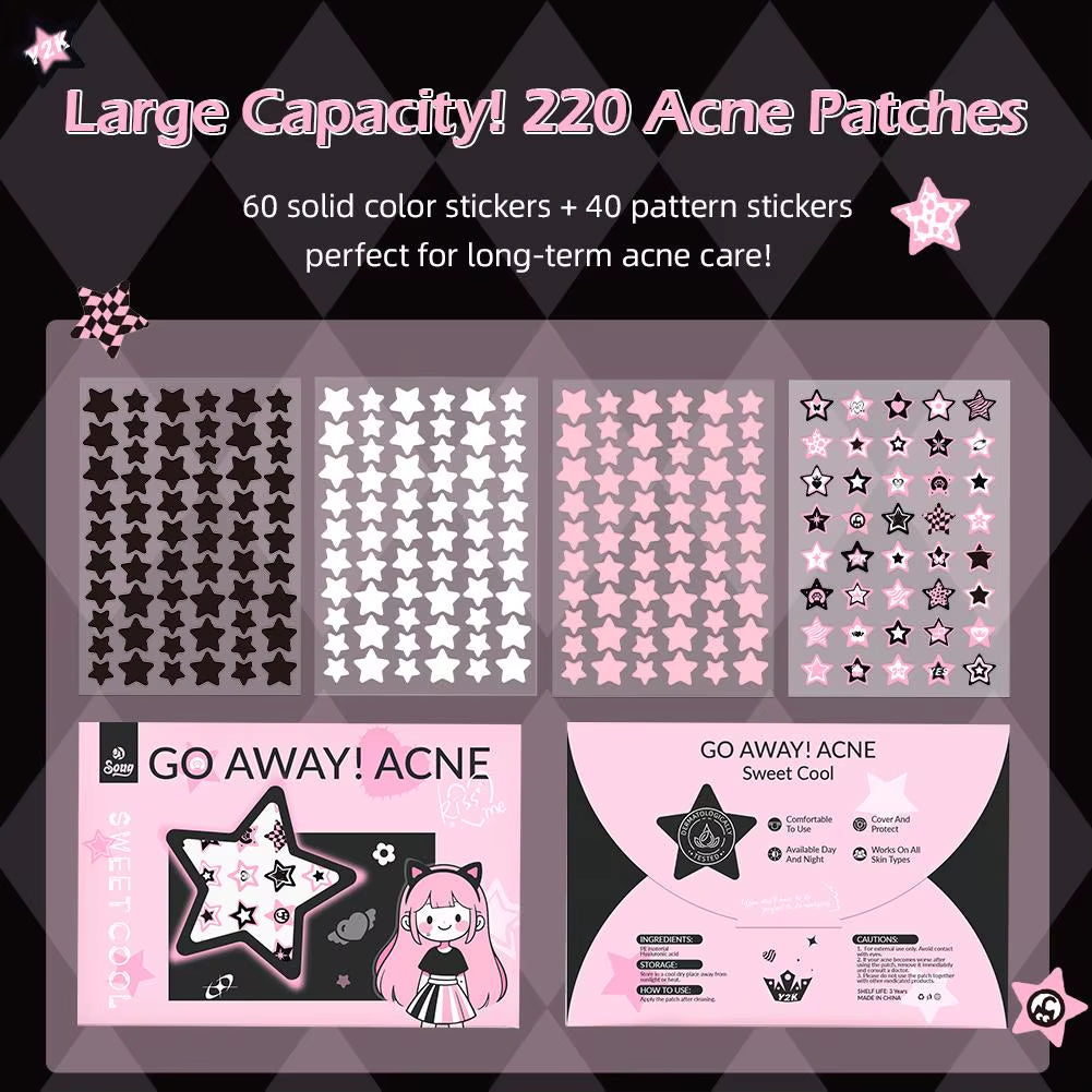 4 Sheets Colorful Star Acne Pimple Patch (220 Counts), Invisible Hydrocolloid Cute Acne Patch, Acne Spots Zits Patches Skincare