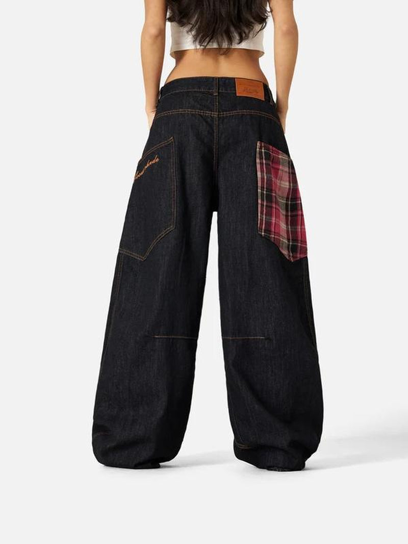 AELFRIC EDEN Super Baggy Jeans Plaid Patchwork Big Pocket Denim Trousers Unisex Vintage Pants Casual Style