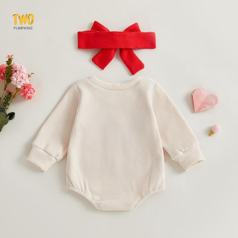 2Pcs Infant Girl Valentine'S Outfit Long Sleeve Crew Neck Letters Embroidery Bubble Romper and Headband Set