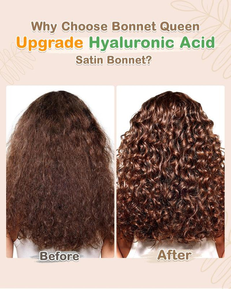 BONNET QUEEN Hyaluronic Acid Bonnet with Elastic Band & Scrunchie for Curly Hair Machine Washable Double Moisture Anti-Frizz Satin Nightcap Gift for Women