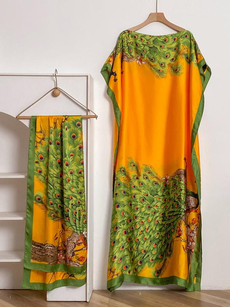 Women'S Fashion Print Long Robe Set, Moomoo Dress + Scarf Headband, Casual Woven Fabric, Thin All-Season Wear, Beach Sun Protection