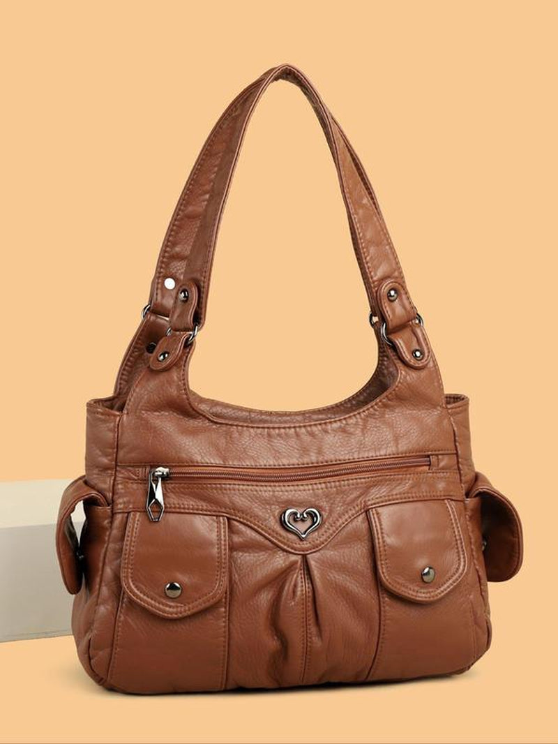 Women'S Fashionable Plain Heart Decorated Tote Bag, Casual Large Capacity for Daily Used, Casual Trendy Versatile Fashionable Shopping Bag, Hobo Crossbody Bag