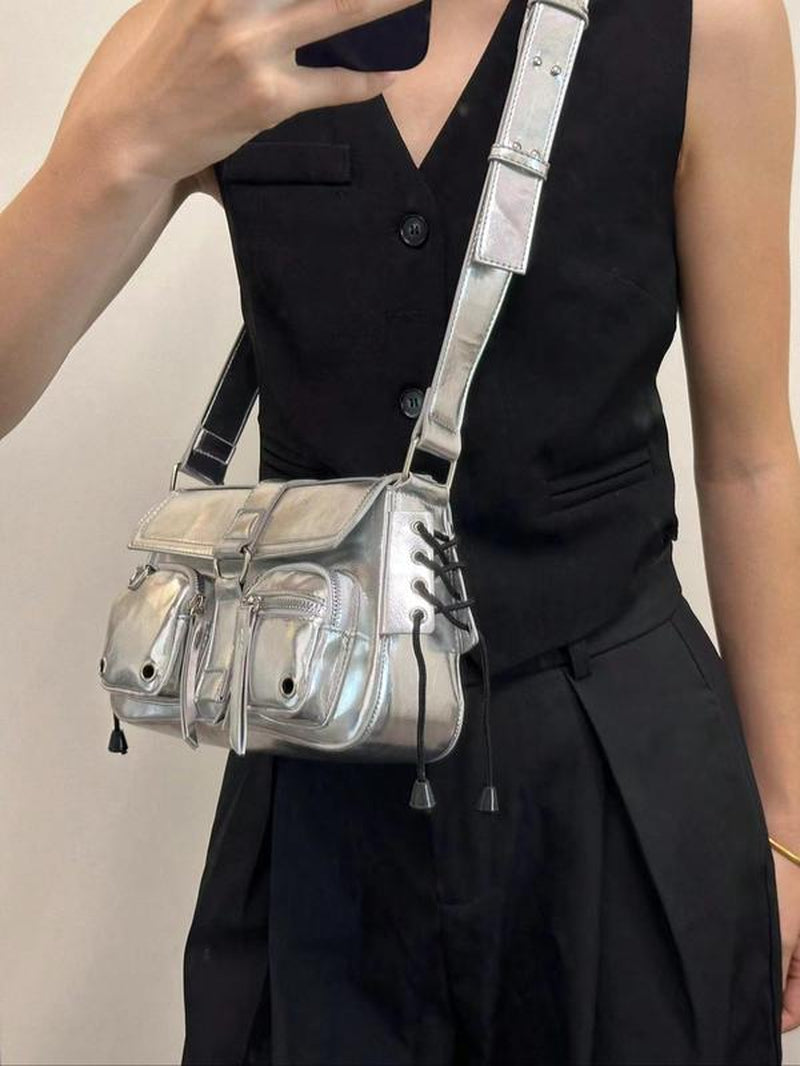 Summer Street Style Plain Grommet Eyelet Design Underarm Bag, Crossbody Bag for Women, Crossbody Shoulder Bag, Punk Goth Pu Leather Bag, Commuter College Bag for Back to School Gift, Fall Outfits