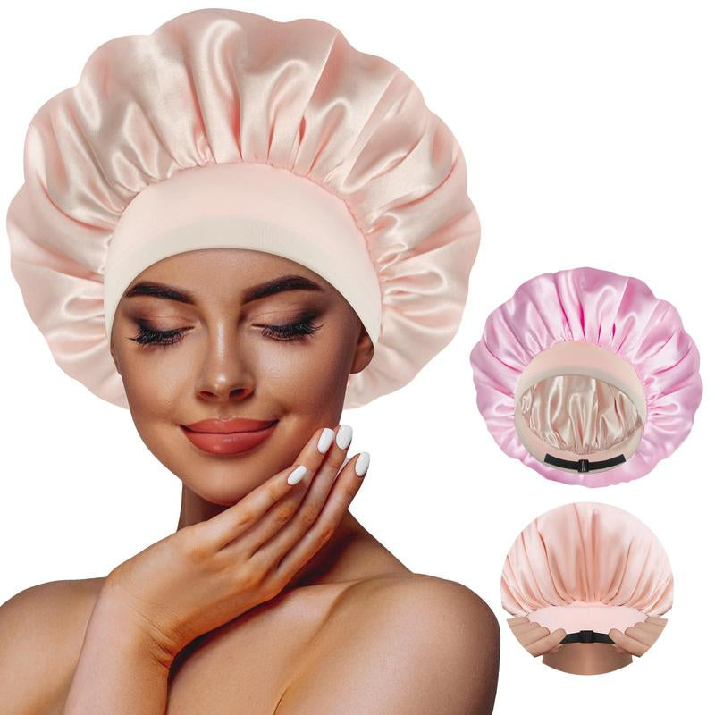 BONNET QUEEN Adjustable Satin Bonnet Double Layer Reversible Night Cap for Women Heatless Hair Care Gift Beanie Jade & Pink Bn005B-Jade&Pink Machine Washable