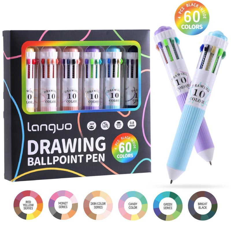 6 Pack Multicolor Pens, 60 Colors, 10-In-1 Colored Ballpoint Pen,0.8Mm Fine Point Smooth Writing, Retractable Ballpoint Pens for Office School Students Gifts