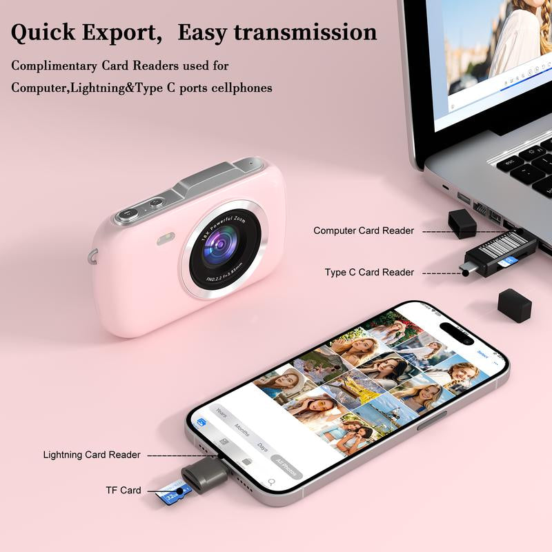 Mini Camera,Vlogging Camera, UHD 4K 64MP Point and Shoot Digital Cameras with 18X Digital Zoom, 32GB TF Card, Compact Travel Camera,Summer Gifts Pink Tech Gadgets