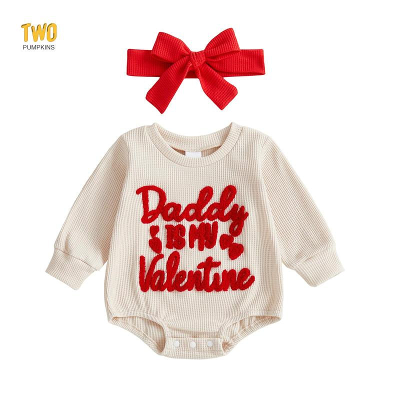 2Pcs Infant Girl Valentine'S Outfit Long Sleeve Crew Neck Letters Embroidery Bubble Romper and Headband Set