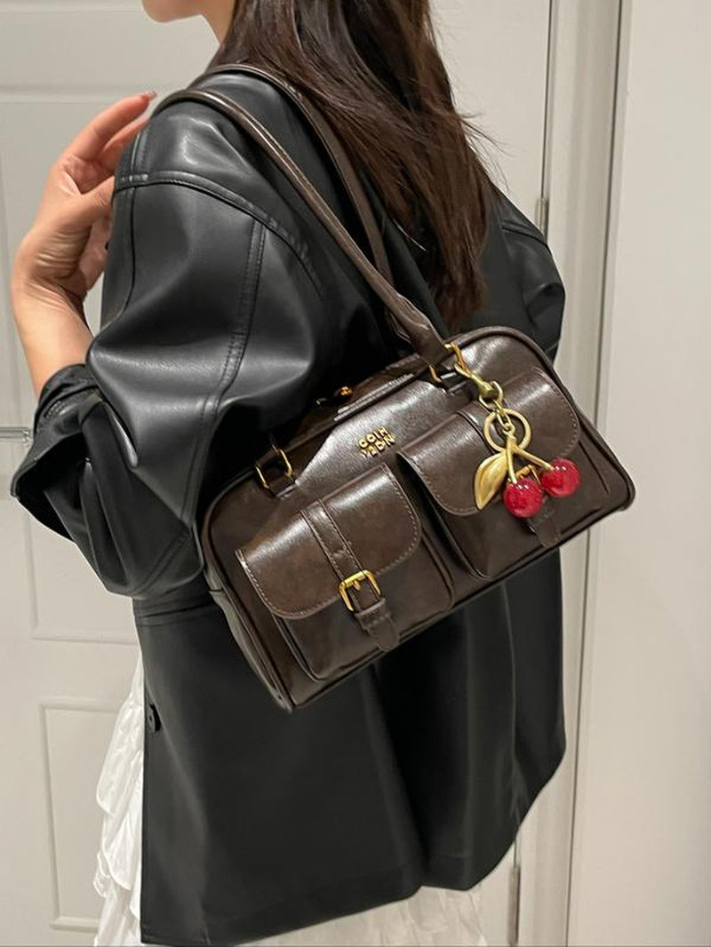 Women'S Retro Solid Color PU Leather Shoulder Bag, Large Capacity Crossbody Bag with Detachable Accessory Charm, Casual Trendy Versatile High-Quality Daily Commuting Bag, Everyday Bag