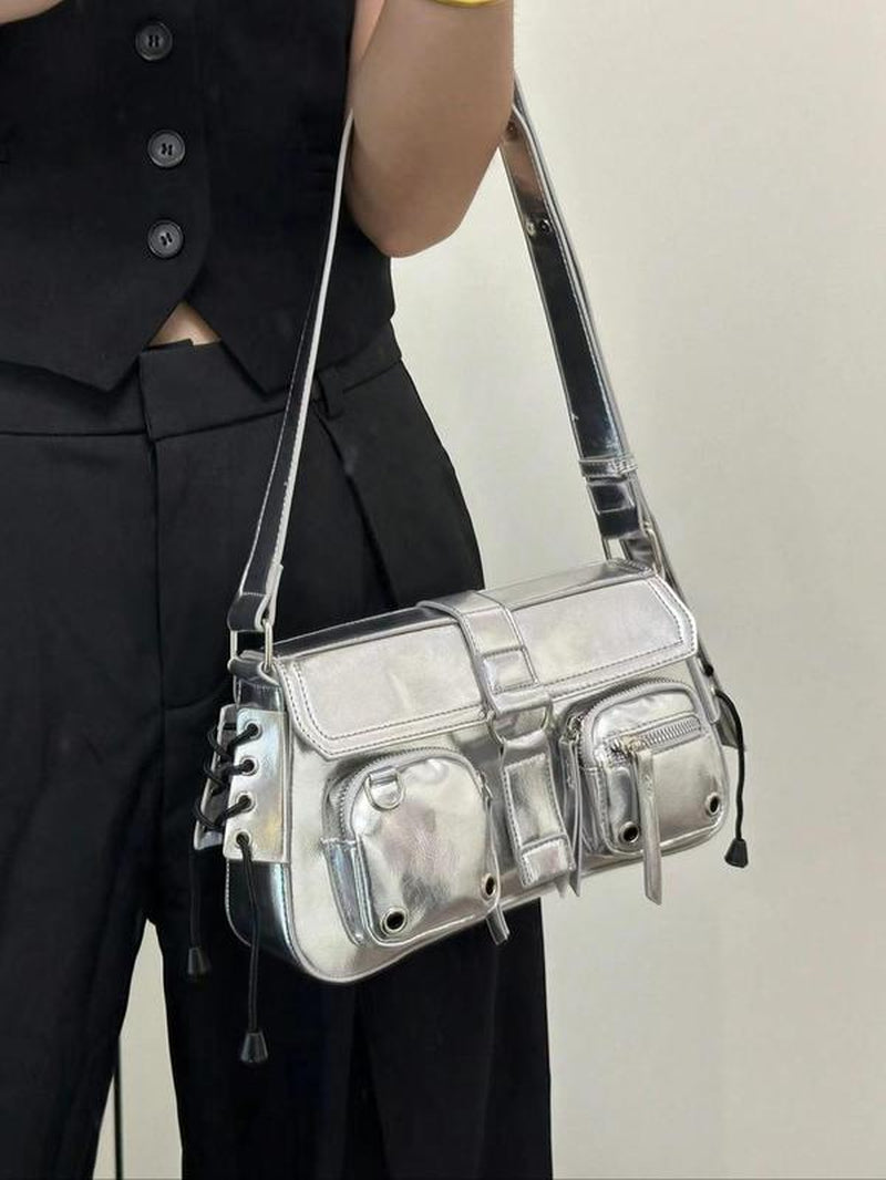 Summer Street Style Plain Grommet Eyelet Design Underarm Bag, Crossbody Bag for Women, Crossbody Shoulder Bag, Punk Goth Pu Leather Bag, Commuter College Bag for Back to School Gift, Fall Outfits