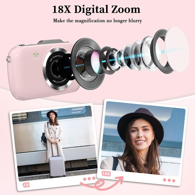 Mini Camera,Vlogging Camera, UHD 4K 64MP Point and Shoot Digital Cameras with 18X Digital Zoom, 32GB TF Card, Compact Travel Camera,Summer Gifts Pink Tech Gadgets