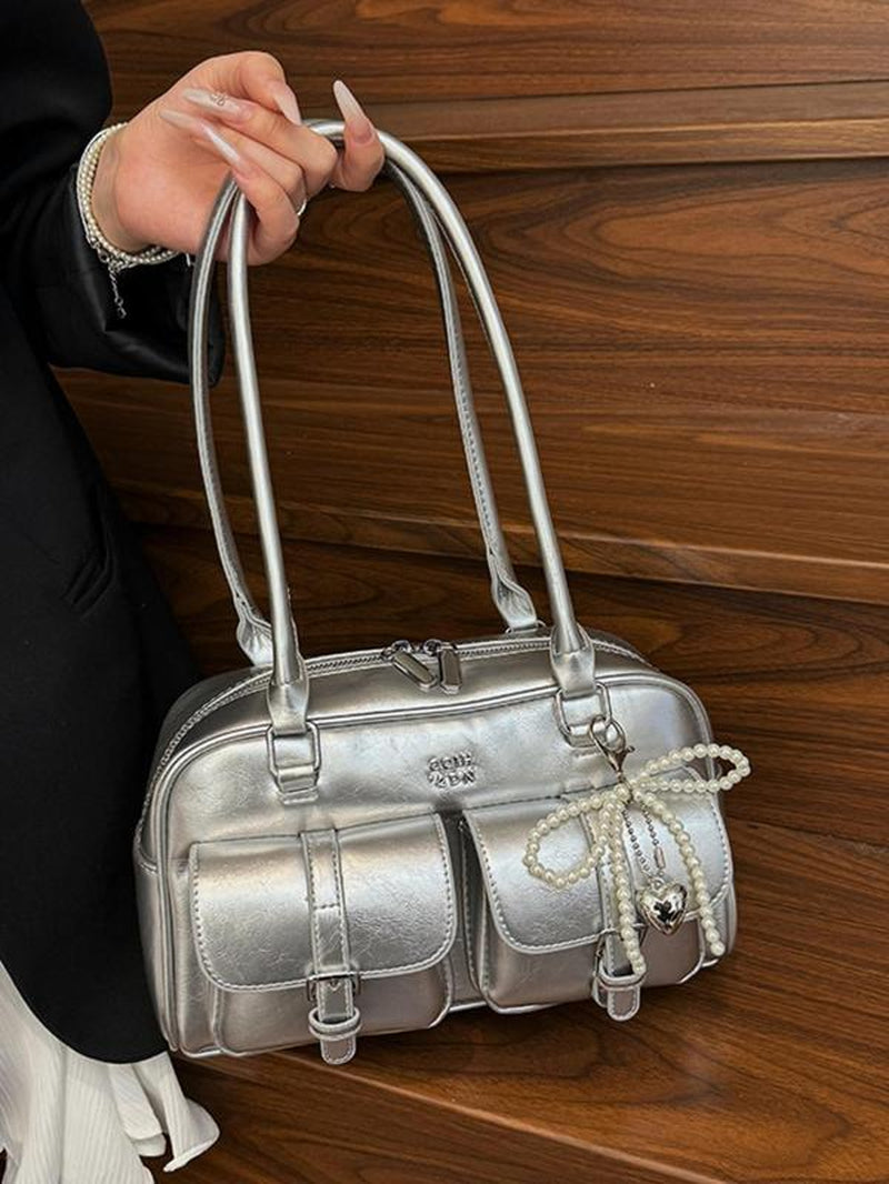 Women'S Retro Solid Color PU Leather Shoulder Bag, Large Capacity Crossbody Bag with Detachable Accessory Charm, Casual Trendy Versatile High-Quality Daily Commuting Bag, Everyday Bag