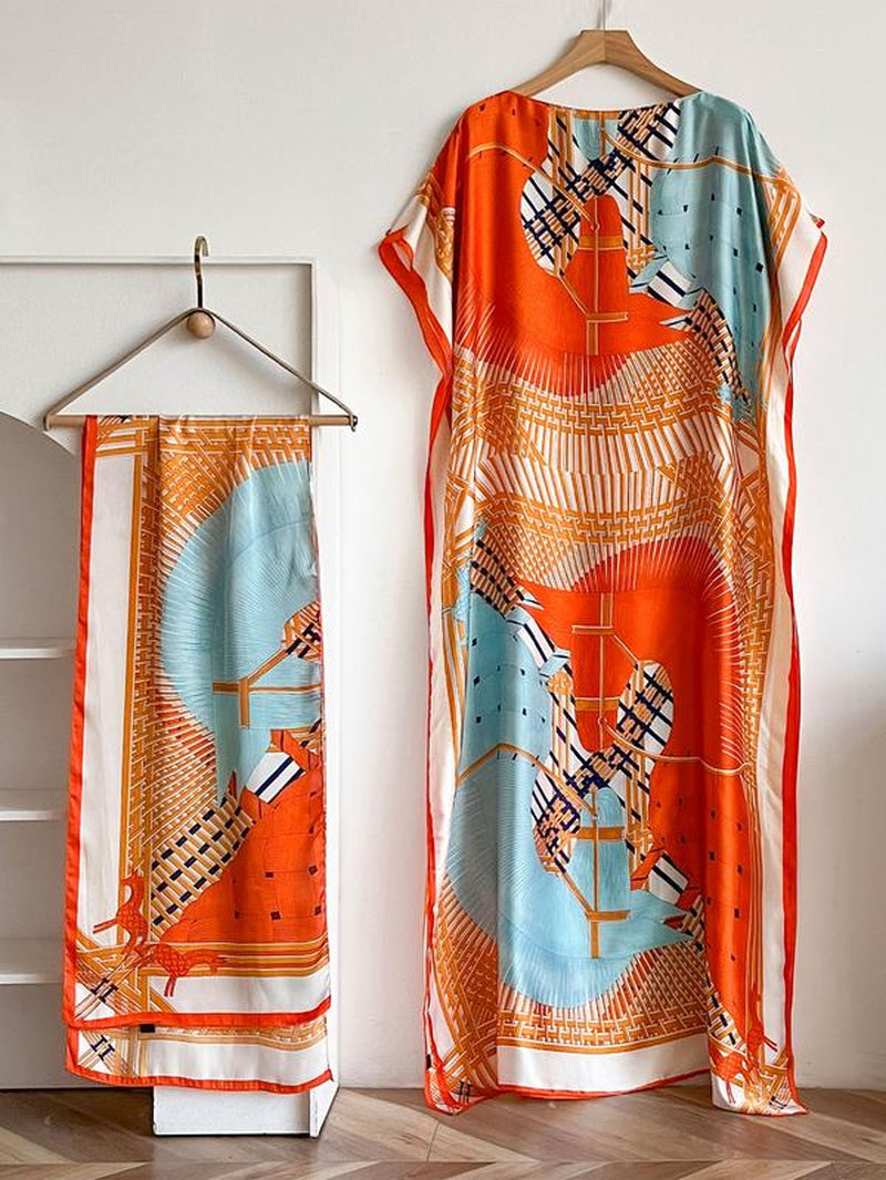 Women'S Fashion Print Long Robe Set, Moomoo Dress + Scarf Headband, Casual Woven Fabric, Thin All-Season Wear, Beach Sun Protection