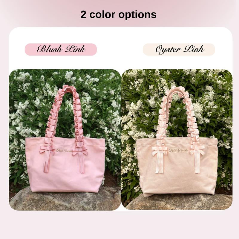 Petit Secret Pleated Lace Trim Canvas Bag, Large Capacity Tote Bag, Boho Ruffled Shoulder Bag – Ruffles Strap with Bow & Handheld Canvas Purse, Coquette Tote Bag
