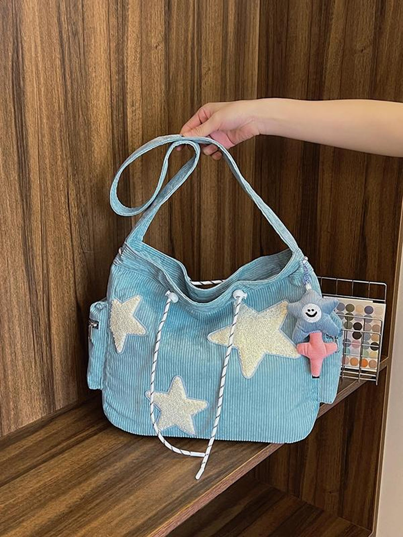 Women'S Star Patched Design Tote Bag, Fashionable Large Capacity Shoulder Bag for Daily Used, Casual Trendy Versatile High-Quality Daily Commuting Bag