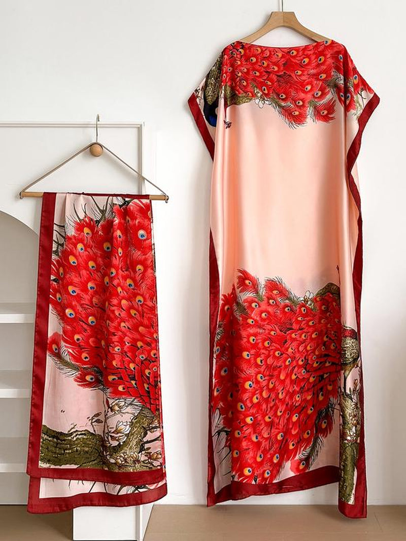 Women'S Fashion Print Long Robe Set, Moomoo Dress + Scarf Headband, Casual Woven Fabric, Thin All-Season Wear, Beach Sun Protection
