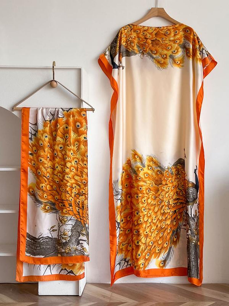 Women'S Fashion Print Long Robe Set, Moomoo Dress + Scarf Headband, Casual Woven Fabric, Thin All-Season Wear, Beach Sun Protection