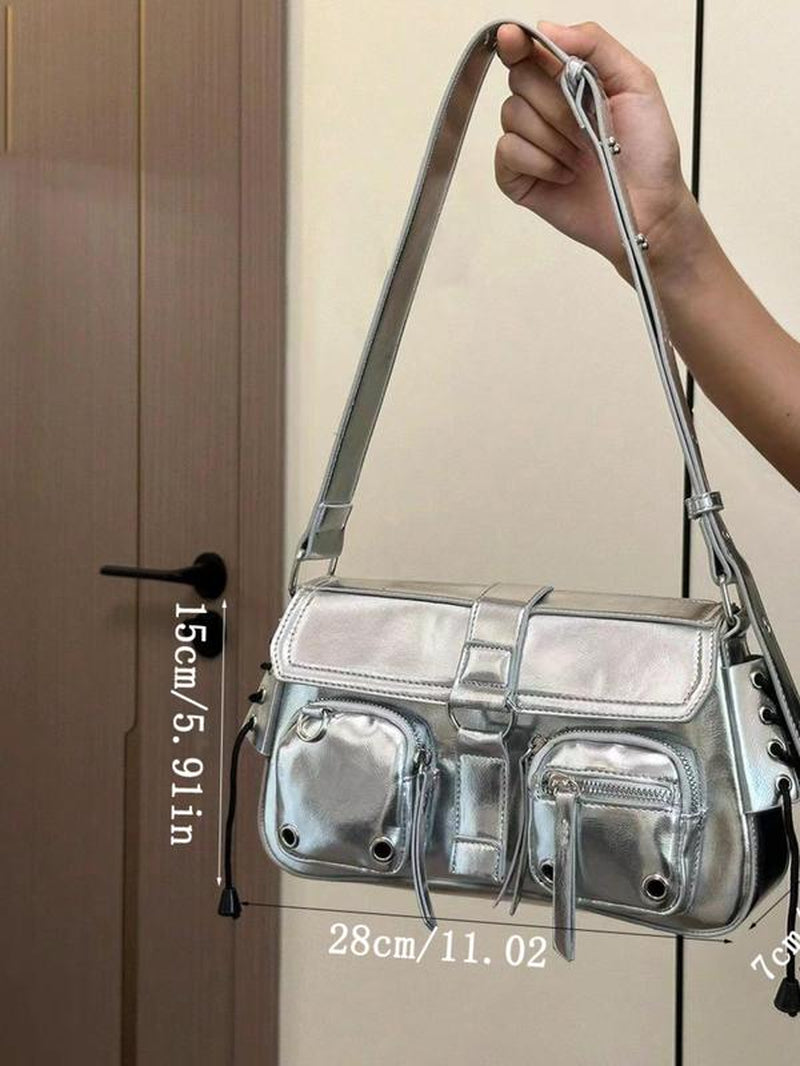 Summer Street Style Plain Grommet Eyelet Design Underarm Bag, Crossbody Bag for Women, Crossbody Shoulder Bag, Punk Goth Pu Leather Bag, Commuter College Bag for Back to School Gift, Fall Outfits