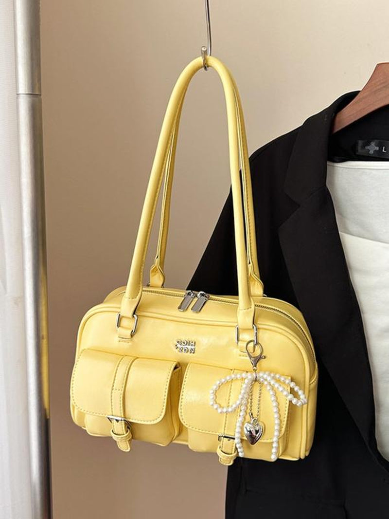 Women'S Retro Solid Color PU Leather Shoulder Bag, Large Capacity Crossbody Bag with Detachable Accessory Charm, Casual Trendy Versatile High-Quality Daily Commuting Bag, Everyday Bag