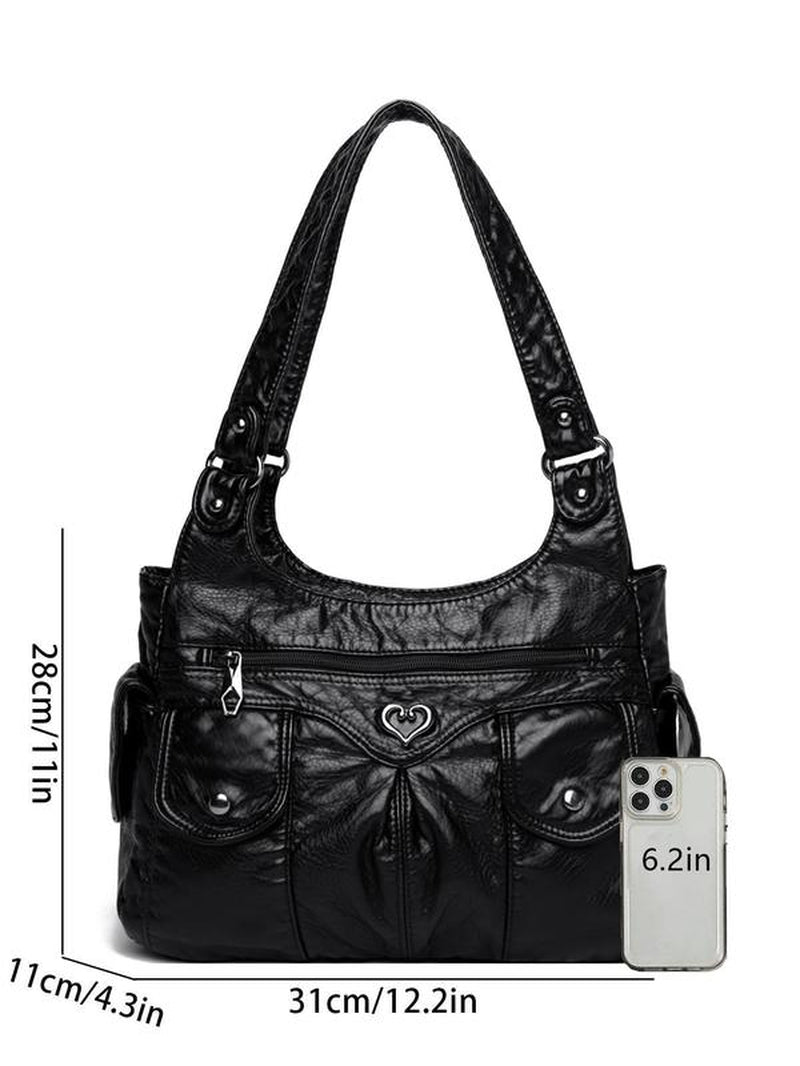 Women'S Fashionable Plain Heart Decorated Tote Bag, Casual Large Capacity for Daily Used, Casual Trendy Versatile Fashionable Shopping Bag, Hobo Crossbody Bag