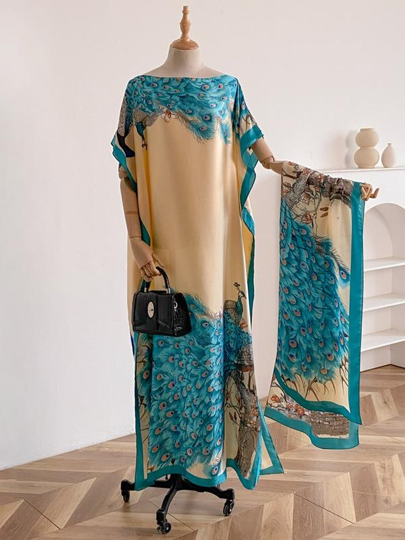 Women'S Fashion Print Long Robe Set, Moomoo Dress + Scarf Headband, Casual Woven Fabric, Thin All-Season Wear, Beach Sun Protection