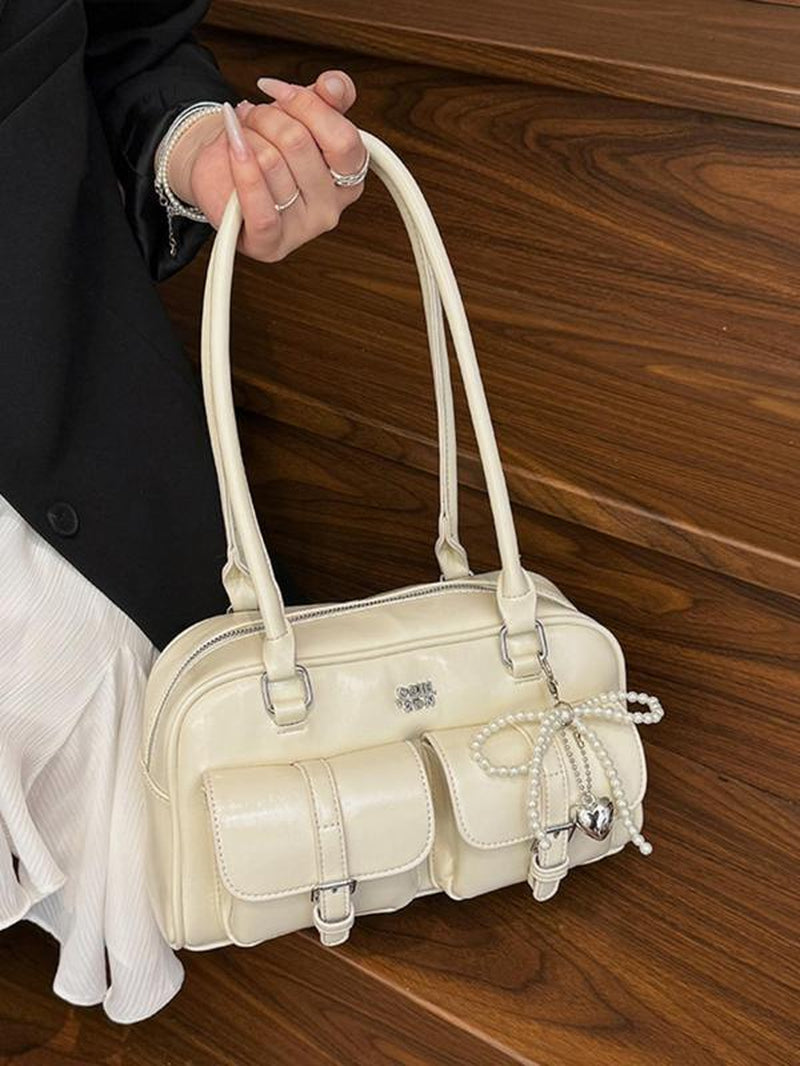 Women'S Retro Solid Color PU Leather Shoulder Bag, Large Capacity Crossbody Bag with Detachable Accessory Charm, Casual Trendy Versatile High-Quality Daily Commuting Bag, Everyday Bag