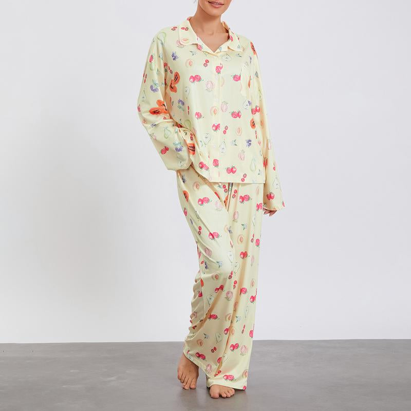 Women Pajamas Lounge Set Strawberry Print Turn-Down Collar Long Sleeve Shirts Tops and Pants 2 Piece Loungewear Outfits