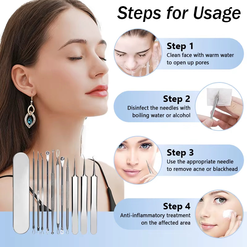 11PCS Acne Blackhead Removal Needles Kit Cell Pimples Blackhead Clip Tweezers Comedone Blemish Extractor Face Skin Beauty Gift