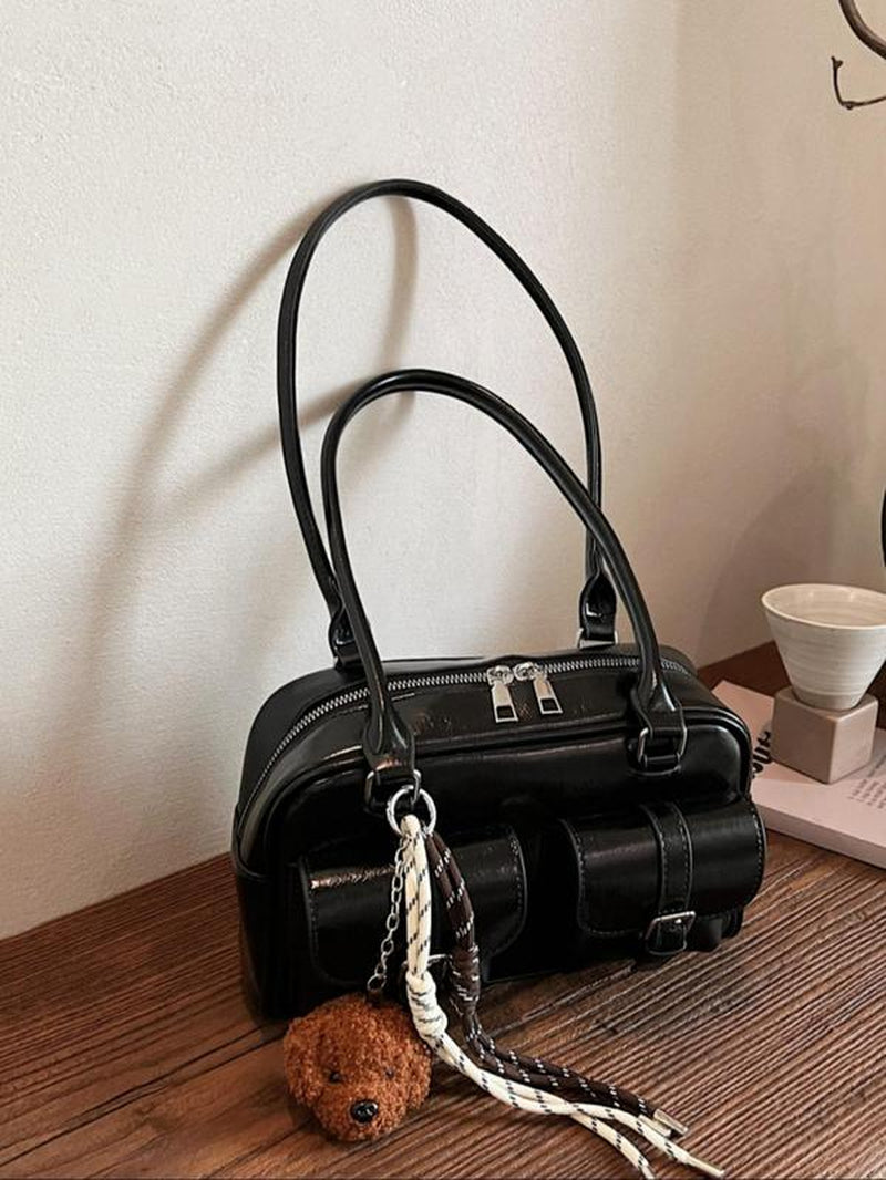 Women'S Elegant Solid Color Boston Bag, Fashionable Multi-Pocket Bag with Bear Charm Decor, Casual Trendy Versatile High-Quality, Handbag Shoulder Bag