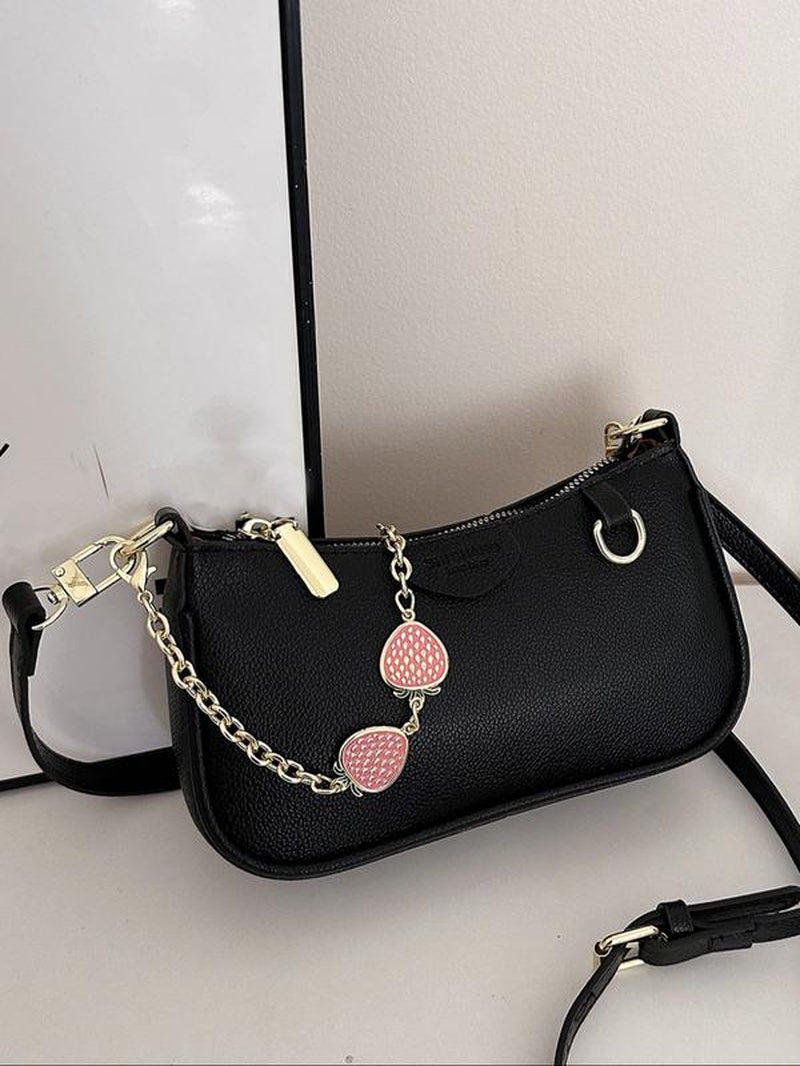 Women'S Elegant Floral Embossing Shoulder Bag with Fruits Decor Chain, Trendy New Style Crossbody Bag, Versatile and Textured Fashionable Shoulder Bag for Daily Use