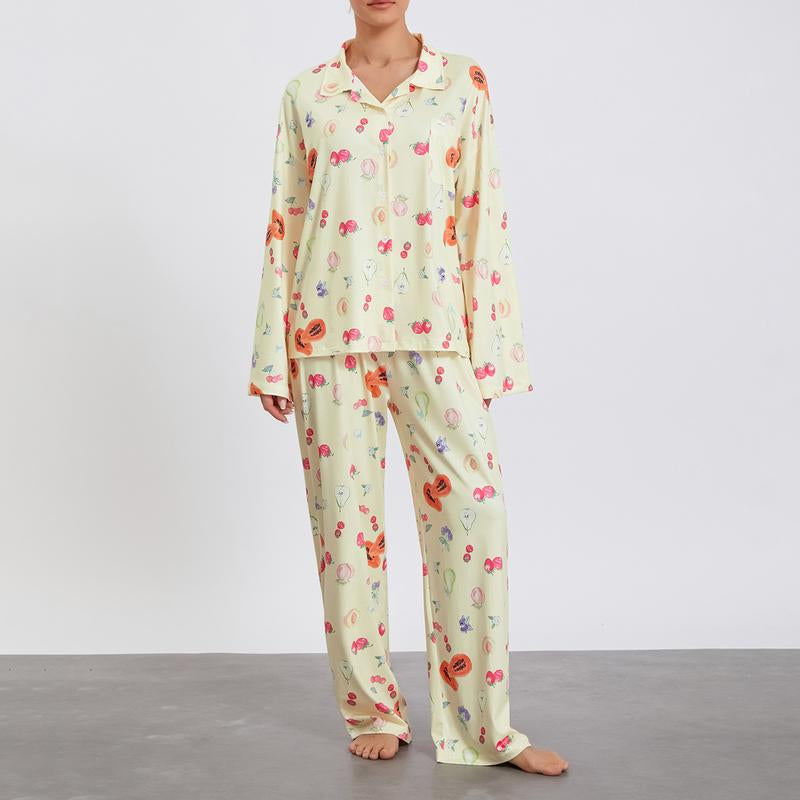 Women Pajamas Lounge Set Strawberry Print Turn-Down Collar Long Sleeve Shirts Tops and Pants 2 Piece Loungewear Outfits
