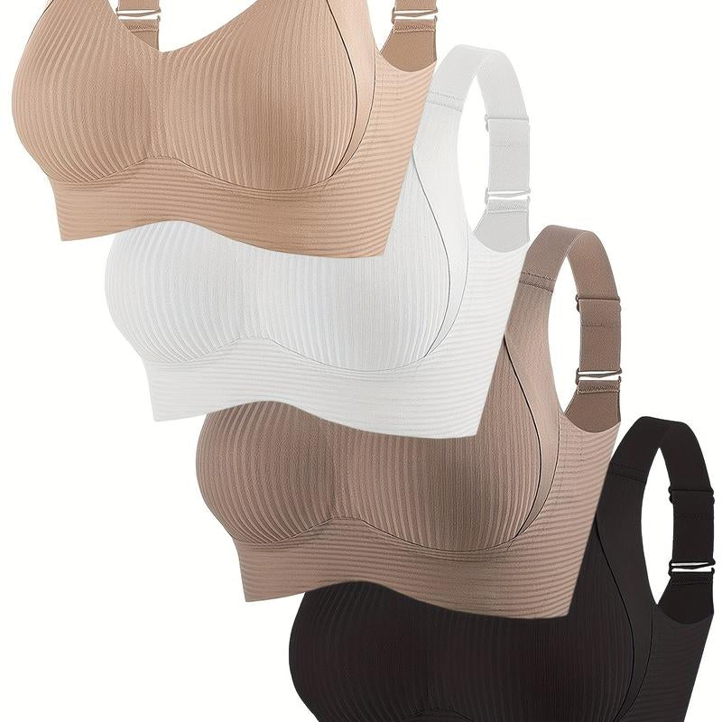 4-Piece Seamless Women'S Bra Set - Full Cup Design, Lifts and Supports the Back, Lightweight and Breathable, Wire-Free, Stylish V-Neck, Suitable for Yoga, Fitness and Everyday Wear, Fashionable Sports Bra; Comfortable Fit; Sports Top Bra