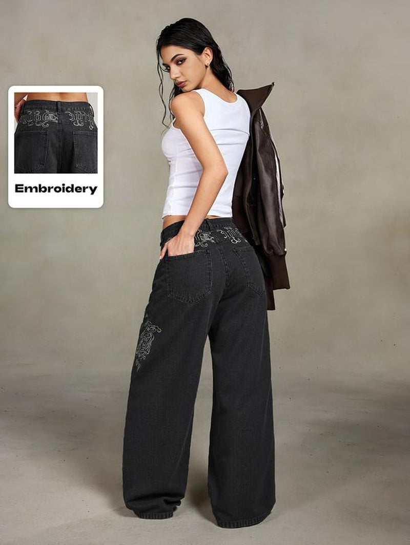 EMMIOL Women Hip Hop Baggy Jeans Wide Leg Mid-Low Waist Jeans Loose Boyfriends Jeans 90S Vintage Denim Pants Casual Comfy Black Womenswear #Tiktokshopblackfriday