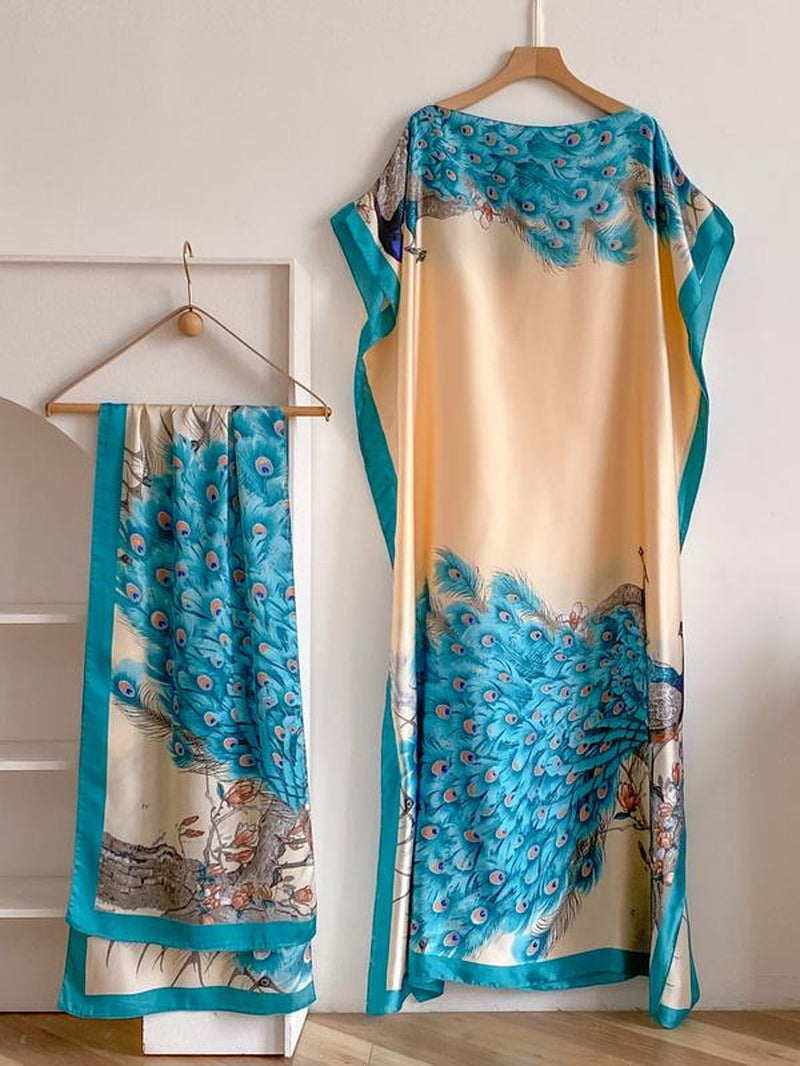 Women'S Fashion Print Long Robe Set, Moomoo Dress + Scarf Headband, Casual Woven Fabric, Thin All-Season Wear, Beach Sun Protection