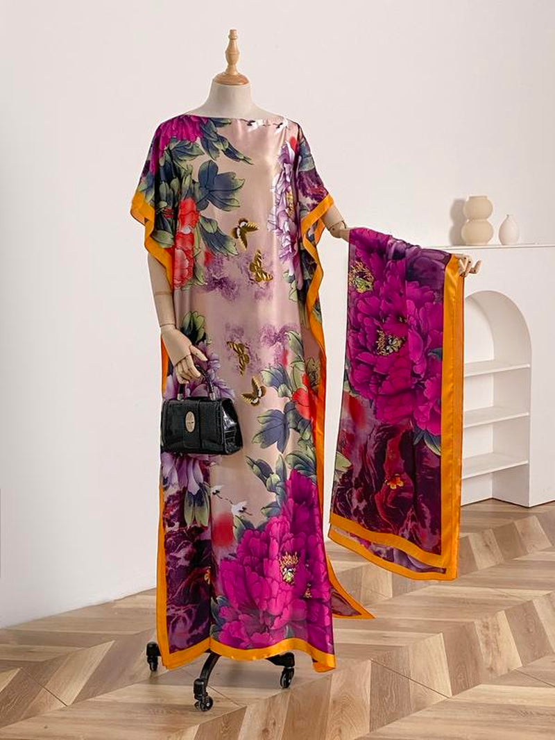 Women'S Fashion Print Long Robe Set, Moomoo Dress + Scarf Headband, Casual Woven Fabric, Thin All-Season Wear, Beach Sun Protection