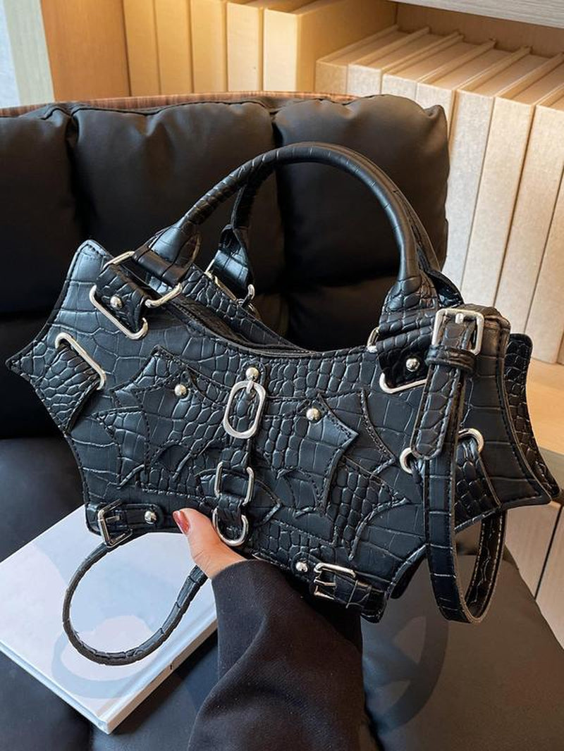 Summer Punk Goth Style Solid Color Rivet Decor Baguette Grunge Bag, New Fashion PU Underarm Bag & Handbag, Hand Shoulder Bag, All-Match Commuter Bag for Work & Daily & Back to School