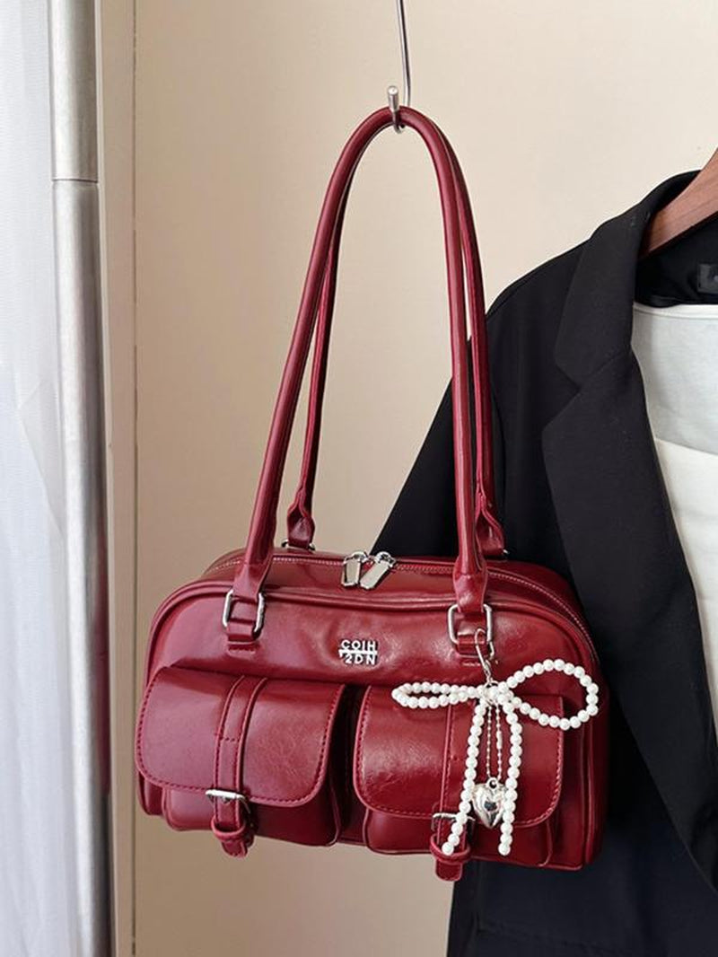 Women'S Retro Solid Color PU Leather Shoulder Bag, Large Capacity Crossbody Bag with Detachable Accessory Charm, Casual Trendy Versatile High-Quality Daily Commuting Bag, Everyday Bag